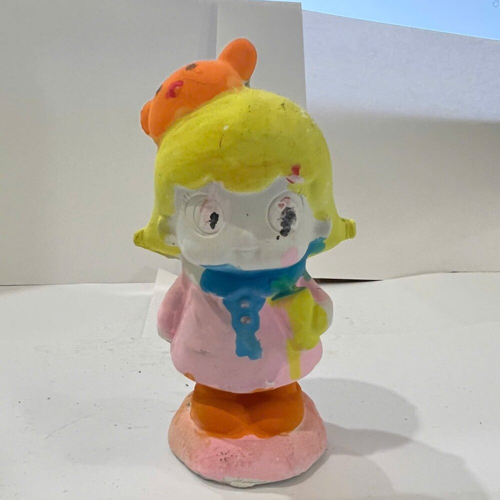 Handmade Painted Figurine Cute Girl with Bear on Head Adorable Collectible Art